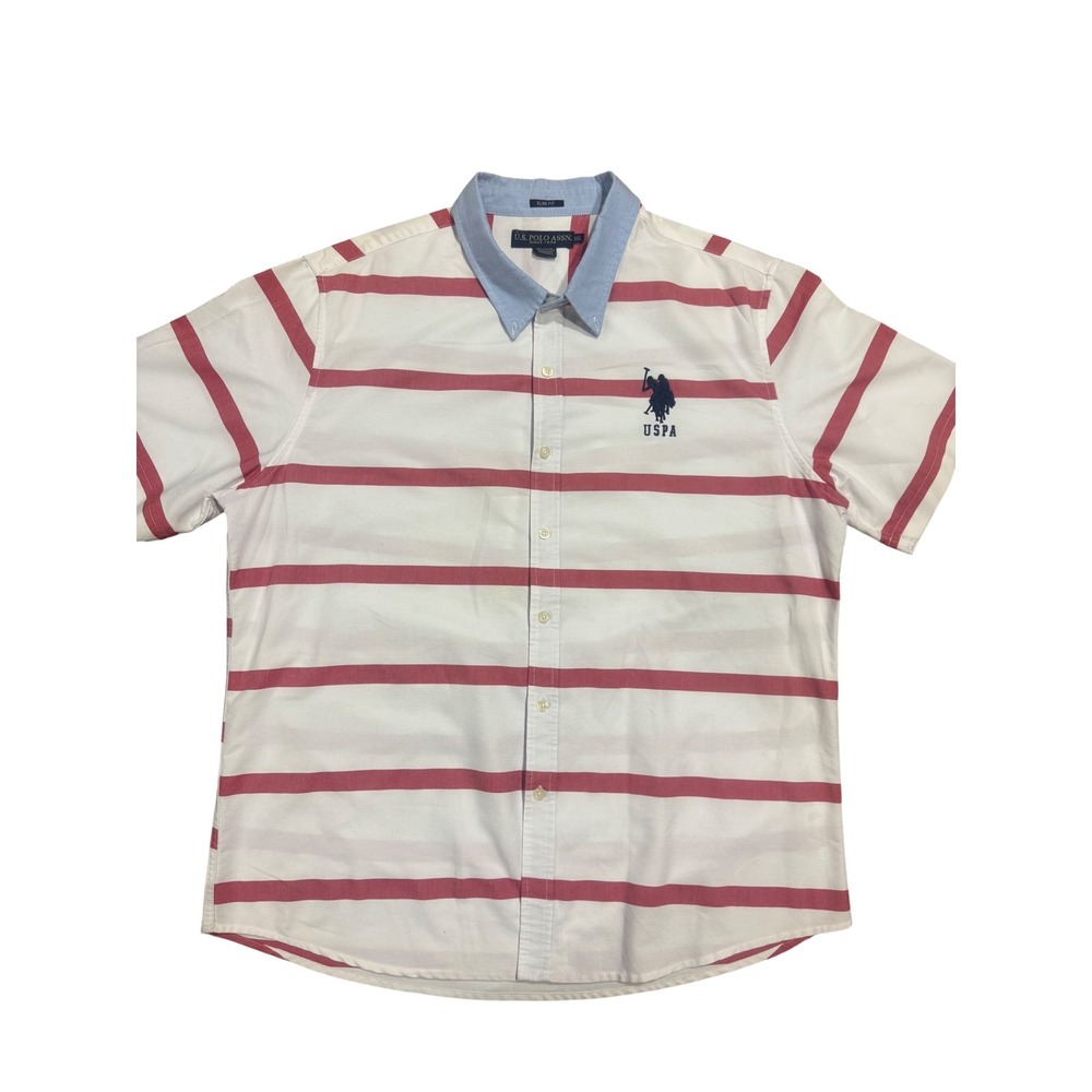 US Polo Assn Mens XXL Slim Fit Short Sleeve Button Down Shirt Red White Striped